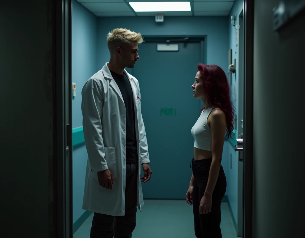 216 cm tall, 33-year-old man with short crew cut platinum blond wavy swept-back hair, dark skin, Arabic-Egyptian features, wearing a white lab coat over a black t-shirt and black cargo pants, standing in an open doorway of a secret facility. He is looking down at a much shorter 24-year-old woman who only comes up to his shoulder, with vibrant maroon side-parted wavy hair, very pale skin, wearing a white work top and low-rise black pants, standing outside the facility near the doorway. Dark lighting, nighttime, photorealistic, cinematic.