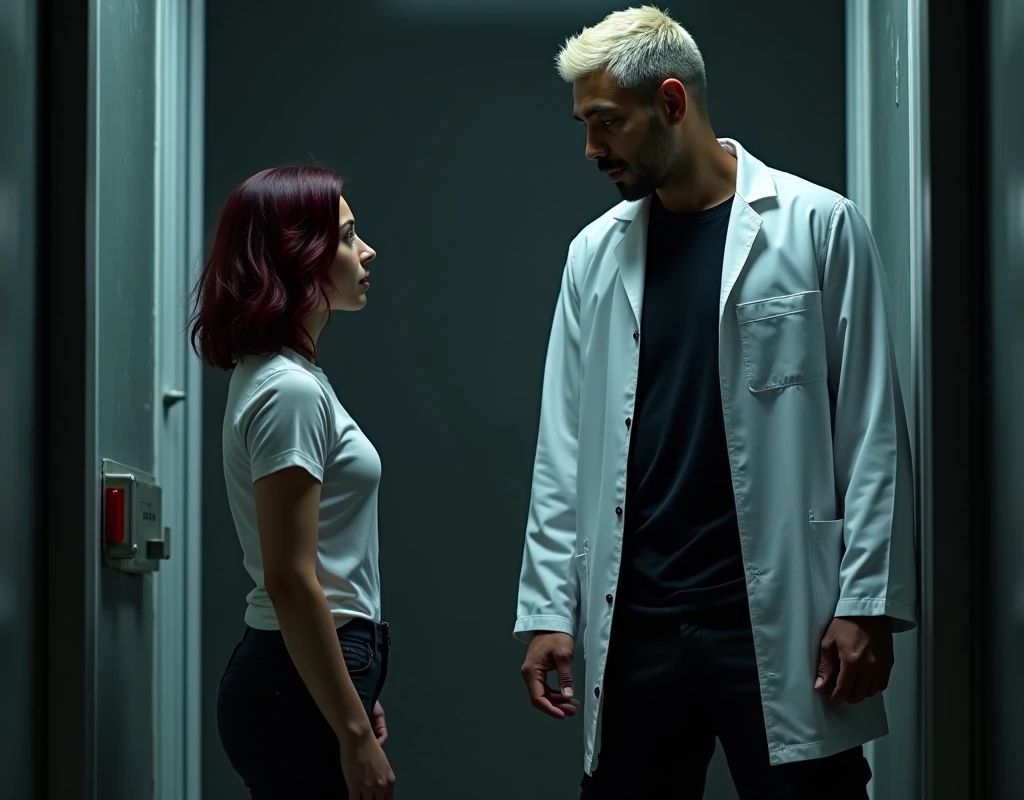 216 cm tall, 33-year-old man with short crew cut platinum blond wavy swept-back hair, dark skin, Arabic-Egyptian features, wearing a white lab coat over a black t-shirt and black cargo pants, standing in an open doorway of a secret facility. He is looking down at a much shorter 24-year-old woman who only comes up to his shoulder, with vibrant maroon side-parted wavy hair, very pale skin, wearing a white work top and low-rise black pants, standing outside the facility near the doorway. Dark lighting, nighttime, photorealistic, cinematic.