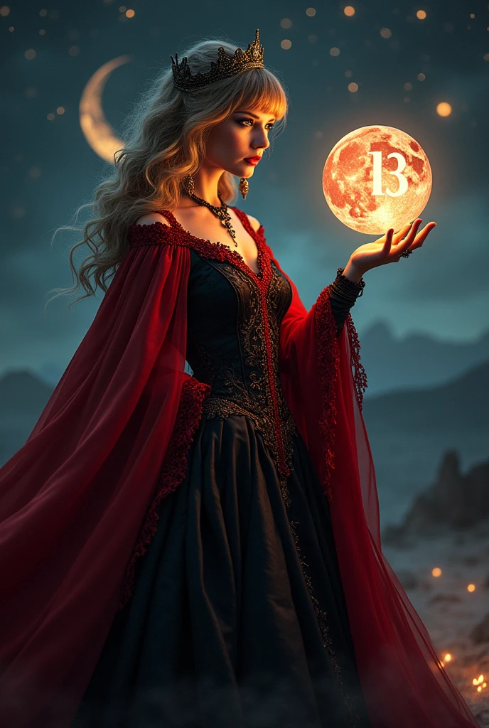 Taylor swift queen of cats, witch, orb in her hand with number 13, crescent moon, ursa major in the background, she has a red and black gown