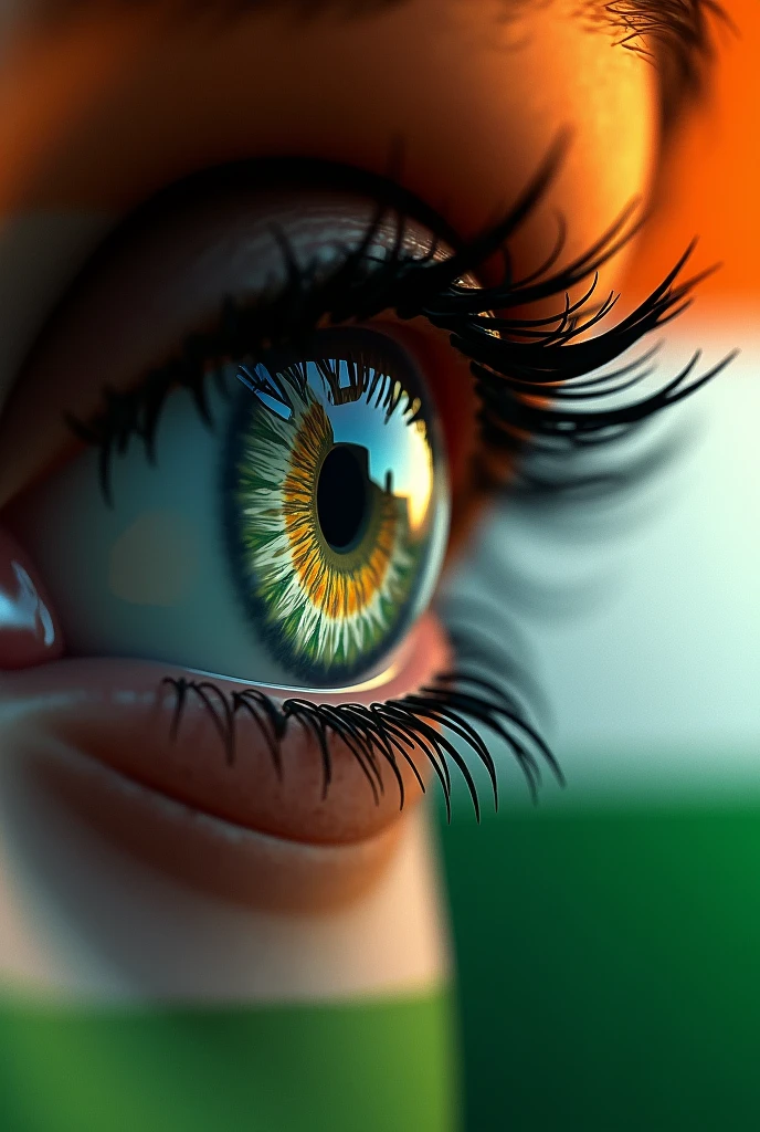Indian tricolor flag reflecting in crying eye in tricolor background 