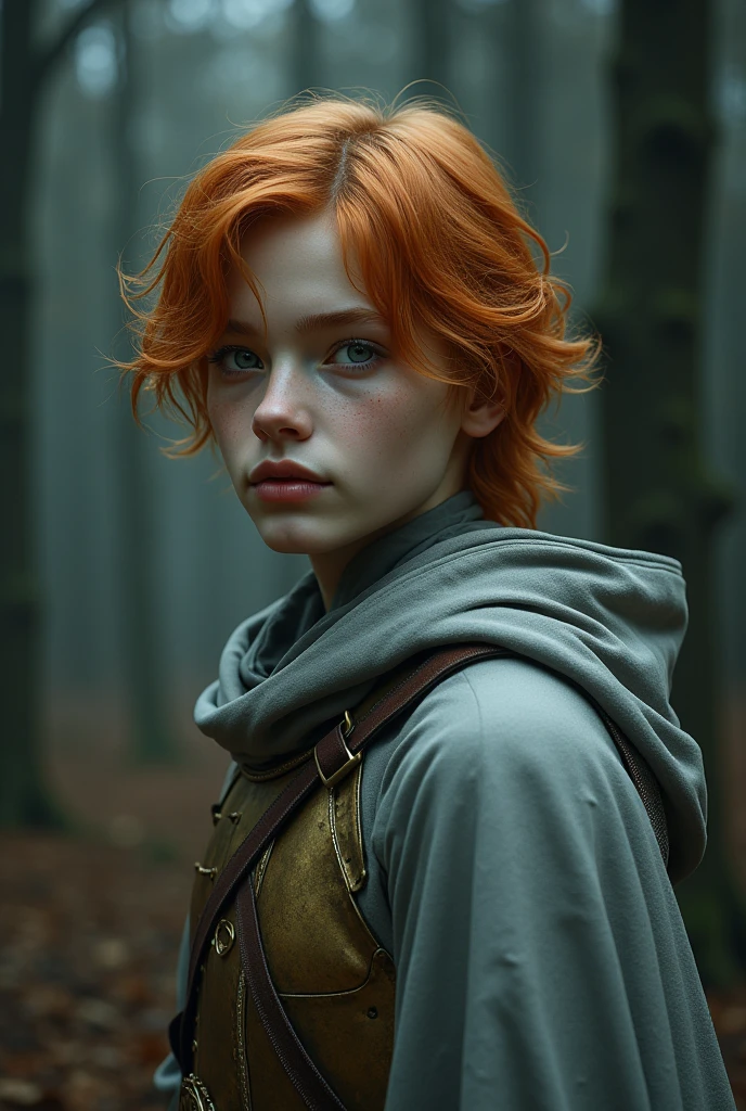 young, nineteen years old. Porcelain skin, angelic face. Eyes big and bright, gray like clouds. dull orange wavy hair. oval face. Straight and small nose. thick lips. Defined eyebrows. looking to the side. He wears silk cloth and bronze armor. big cheeks He is in a dark forest. worn gray cape covers his head.