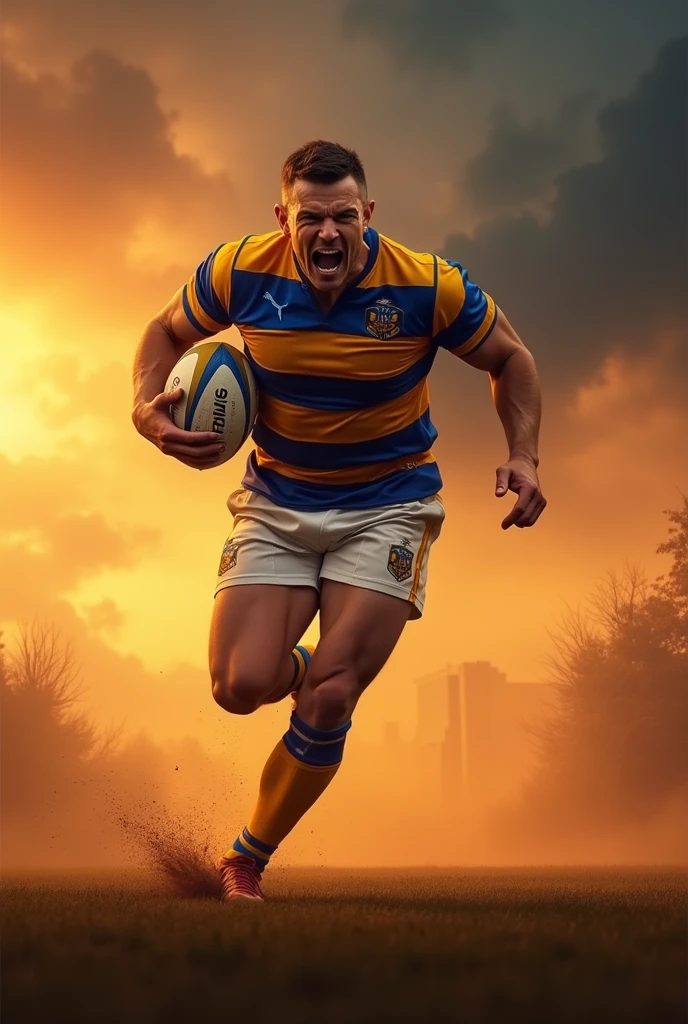 (photorealism:1.2), rugby player dusk orange dusk cloudy day screaming face fire background dusty running with rugby ball wearing blue yellow jersey stripe