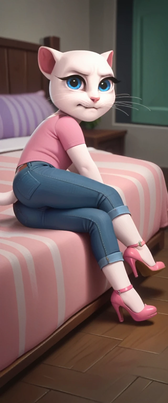 solo focus, a_la, 1girl, cat, white fur, long whiskers on both sides of the face, big bright blue eyes, big black eyelashes, pink nose, triangular ears with pink channels, high heels.jeans. 1 girl and 1 boy human. side view. in bed. The man lies flat on the floor with his legs closed. Woman sits on man, anal scream, lying, at home, looking back, big penis, rape of 1 man, girl. Score_9, Score_8_up, Score_7_
