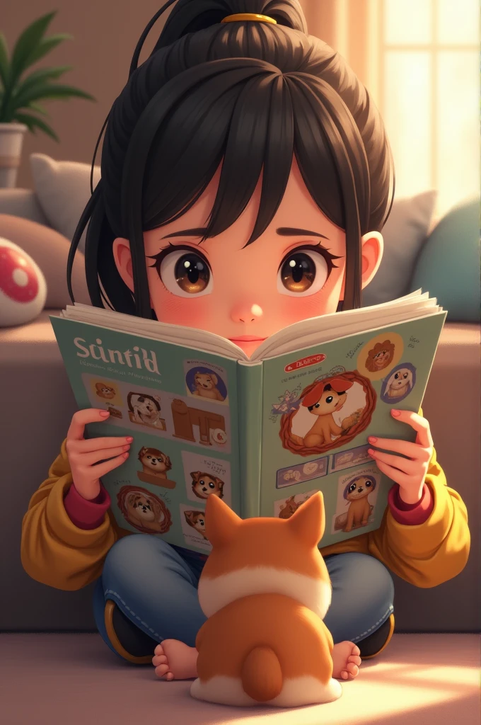 A girl read a magazine about dogs. We see her head only, the magazine is front of her, in her hands. Front of the girl a dog is playing