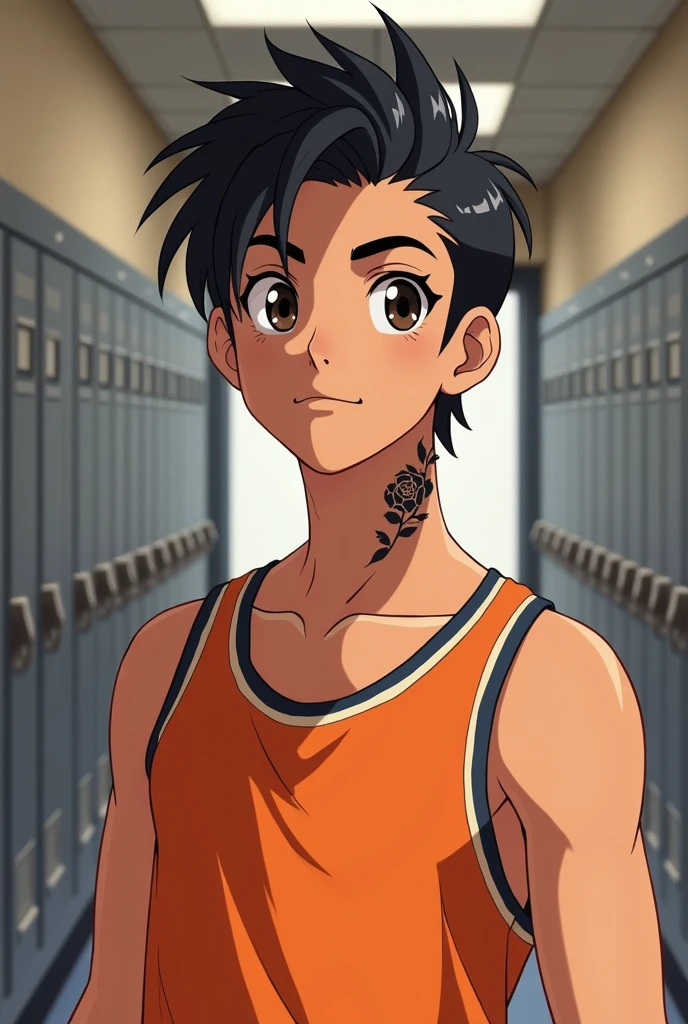 A 2D ANIME STYLE drawing, of a young American from the waist up, in the hallway of an American school filled with lockers. short straight black hair, short updo. very black eyes and long dark eyelashes, Curvilinear, straight eyebrow. A smirk playing on his lips. straight snub nose, sharp, masculine jawline, Caucasian skin, but with a slight tan under his eyes and nose. Fine and square lips. Has a labret piercing on the lower lip, right side. a tattoo on the side of his neck of a black and white rose. athletic and defined body. suntanned, square waist. He wears an orange wide-strap tank top Similar to Shawn Mendes. He is a lacrosse athlete.