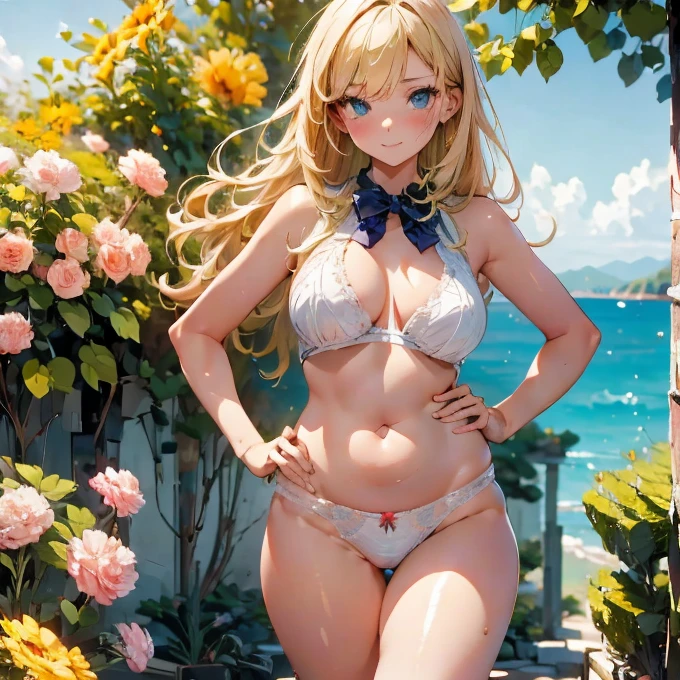 1girl, 独奏, ass pov, masterpiece, best quality, absurdres, long hair, (shiny skin: 1.2), close up nether region, sunshine, summer Please draw a stylish girl in costume. Express the relaxed summer vibe with clear skies and gentle waves on the beach in the background, She is wearing a floral lace underwear, Bend forward and put your hands on your hips, sunburn, show off underwear,Realistic Flesh,Glamorous Body,Saggy breasts,Plump thighs,Dynamic Angle,