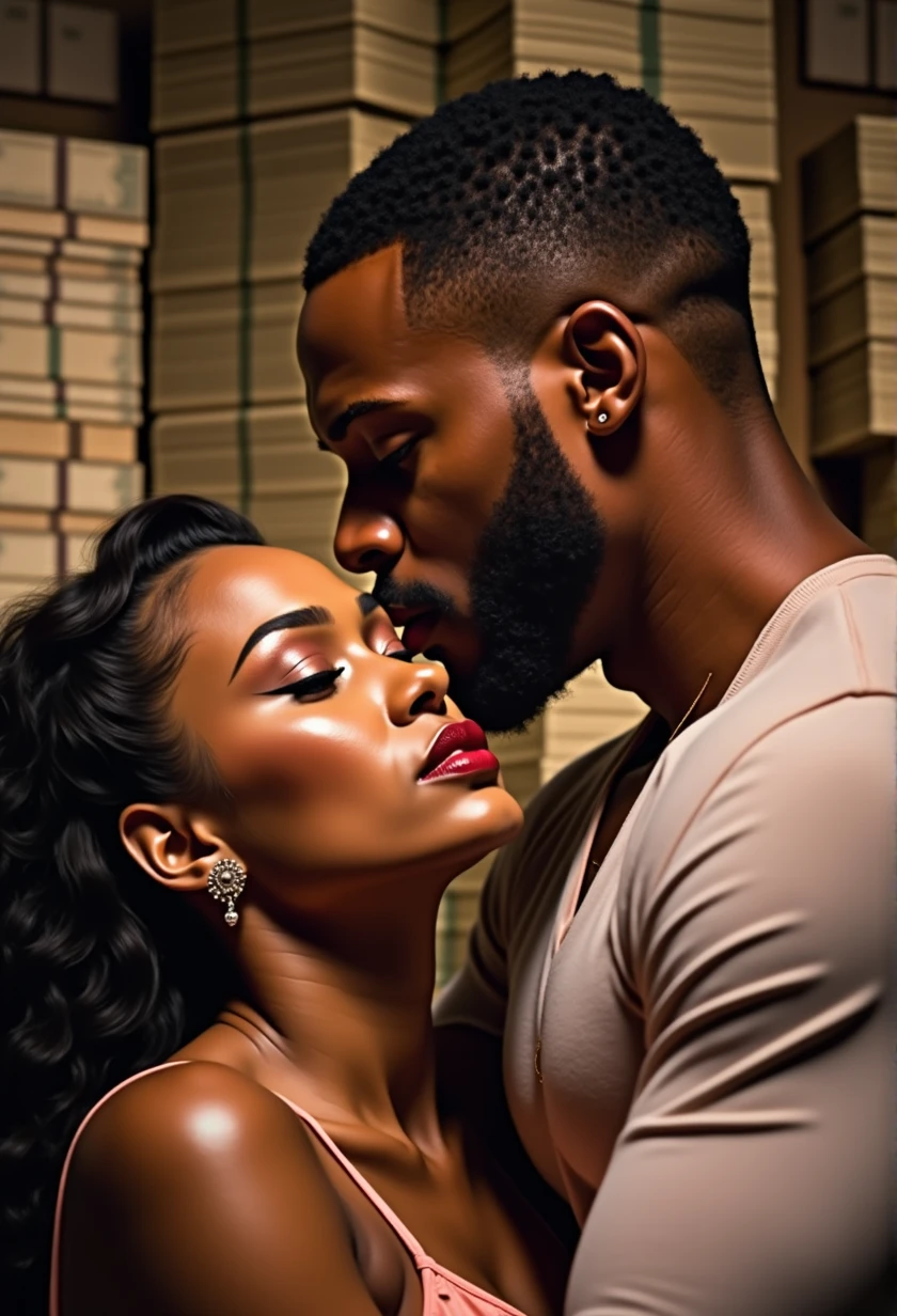 a romantic narco novela book cover, 1 afroamerican man and 1 afroamerican woman embracing in a passionate pose, stacks of dollar bills, dramatic lighting, cinematic, hyper detailed, 8k, intricate, oil painting, dramatic shadows, high contrast, vibrant colors, moody, chiaroscuro, romantic, sensual, intimate, cinematic composition