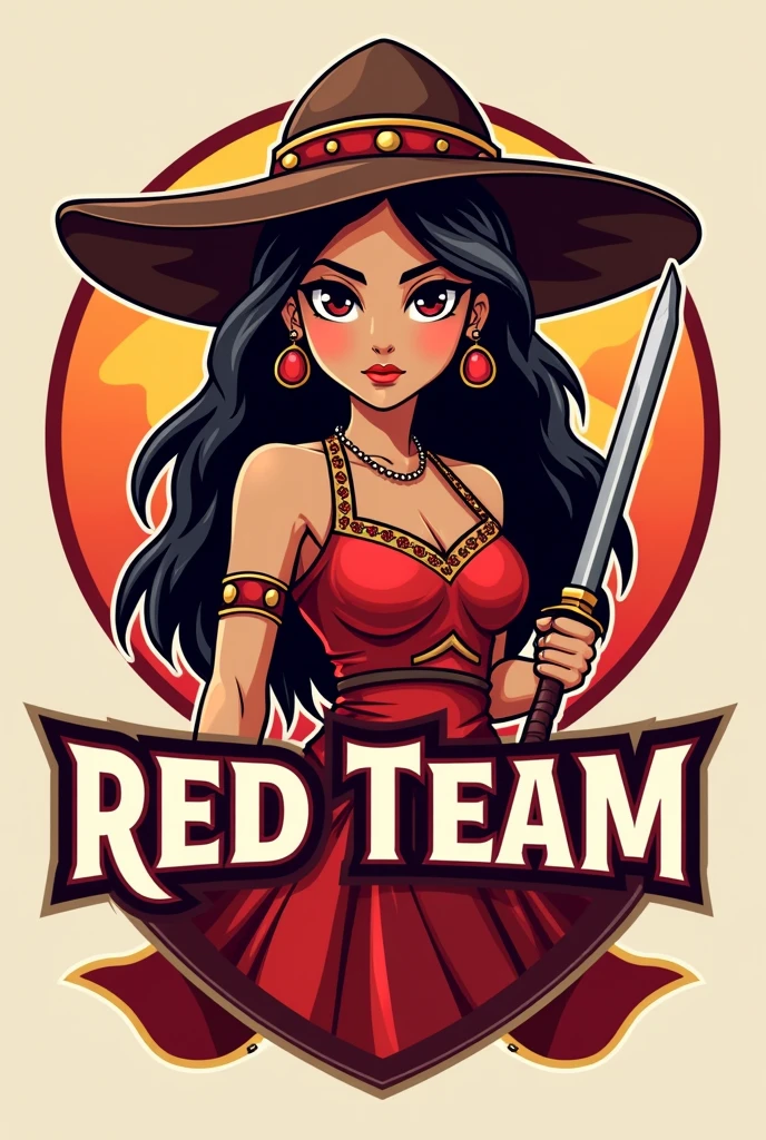 Create a logo with your name "red team"! the mascot is a  princess from Cariri with a cangaceiro leather hat and a red dress (a warrior princess idea) for school gincana.  