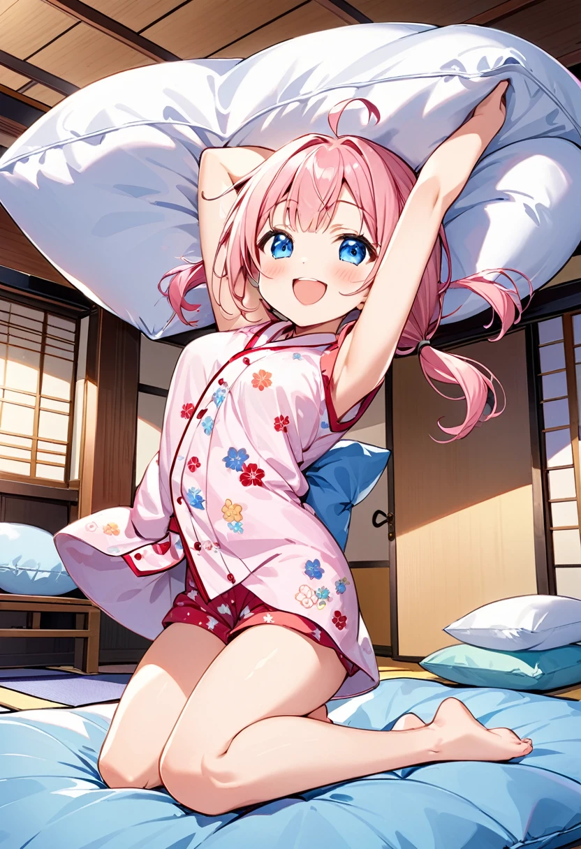 Highest quality、High resolution、Detailed Background、Beautiful face in every detail、Anatomically correct、Detailed facial expressions、fine grain、((full body, from below:1.2, looking away:1.2)), break ((One Girl:1.2)、((Chibi Girl:1.2)))、Bright pretty hair color、Big beautiful blue eyes、Fuller lips、Pink Lips、Braided twintails、Ahoge、(throw a pillow:1.2)、(Cute sleeveless pajamas、barefoot)、break ((Put your arms above your head:1.2、Holding a super huge slightly firm pillow:1.2))、(Happy expression、Big smile)、((The background is a Japanese-style room、The futon that is laid out、Flying around firm pillows))