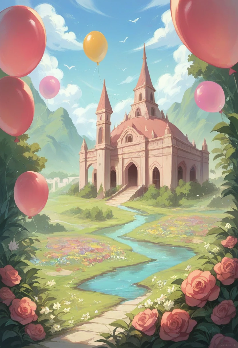 landscape and a fuchsia palace, glorious pink with flowers and balloons 