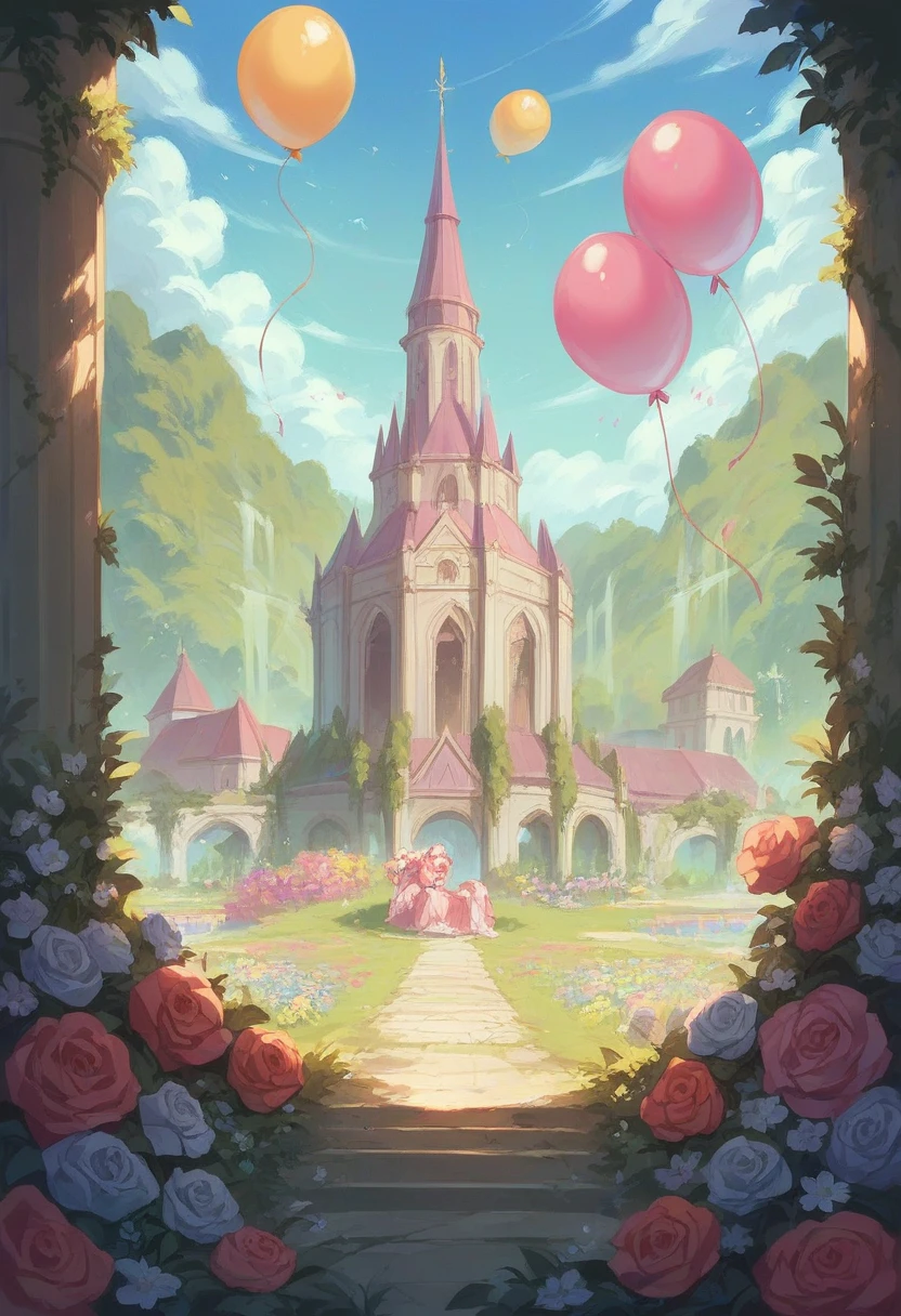 landscape and a fuchsia palace, glorious pink with flowers and balloons