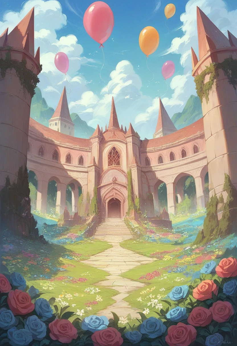 landscape and a fuchsia palace, glorious pink with flowers and balloons 