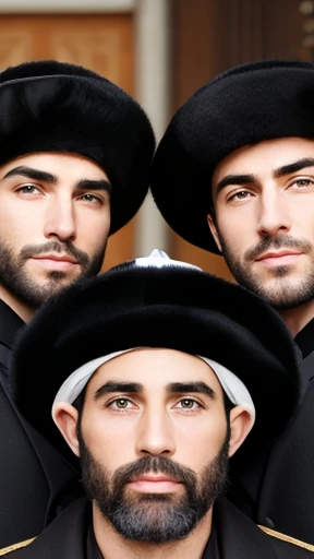 A group of biblical Jewish men with beautiful black fur hats, focus on the face.