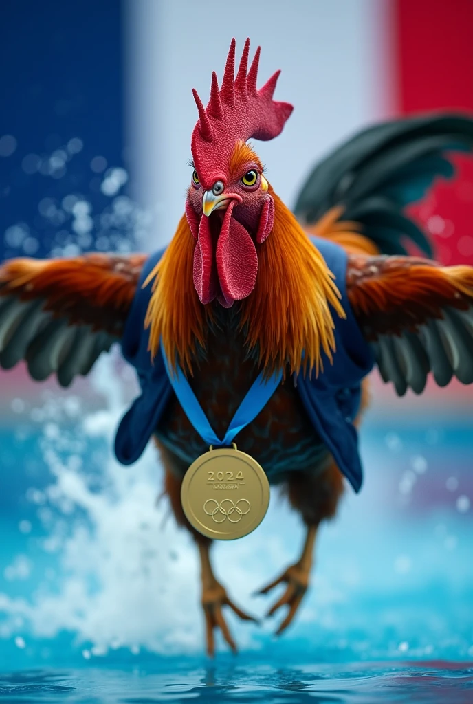 A rooster, diving photo shoot, with an air of superiority, so majestic, with a jacket on the animal's body, with the gold medal from the 2024 Paris Olympics, and the background of the image the colors of the French flag