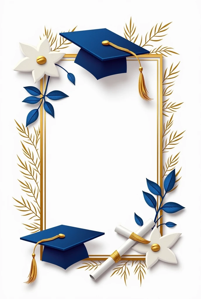 Gold and blue graduation invitation with elegant white accents featuring representative school graduation items for the class of 2024 on a white background with markol decorations.