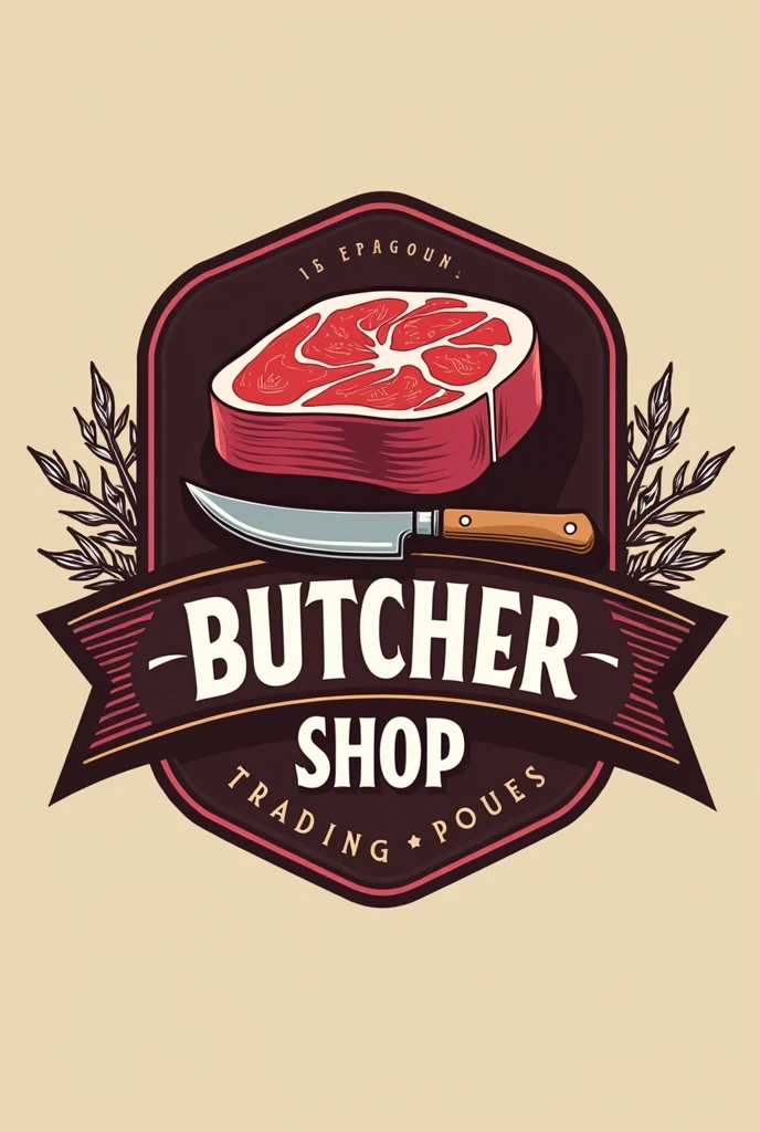 Create a professional and impactful logo for a butcher shop. The design should incorporate elements related to meat, like a piece of meat or a butcher knife. Use colors that convey quality and trust, like reds and shades of brown. The butcher shop name should be clearly visible and written in a font that conveys robustness and tradition. The logo style should be modern, but with a classic touch that highlights the experience and tradition of the trade