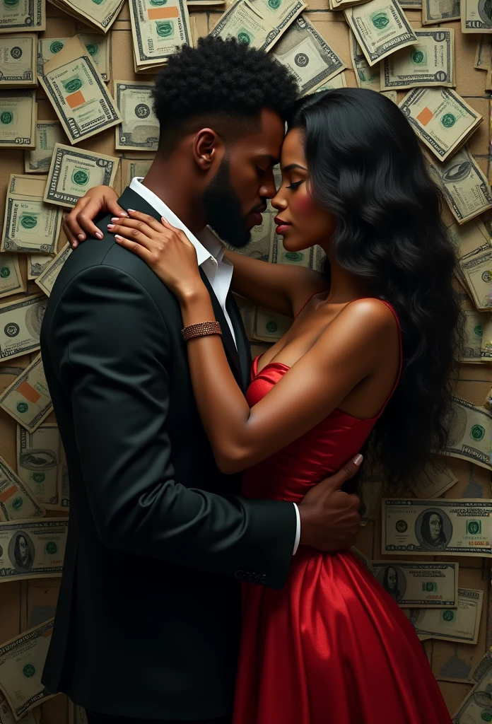 a romantic narco novela book cover, 1 afroamerican man and 1 afroamerican woman embracing in a passionate pose, stacks of dollar bills, dramatic lighting, cinematic, hyper detailed, 8k, intricate, oil painting, dramatic shadows, high contrast, vibrant colors, moody, chiaroscuro, romantic, sensual, intimate, cinematic composition