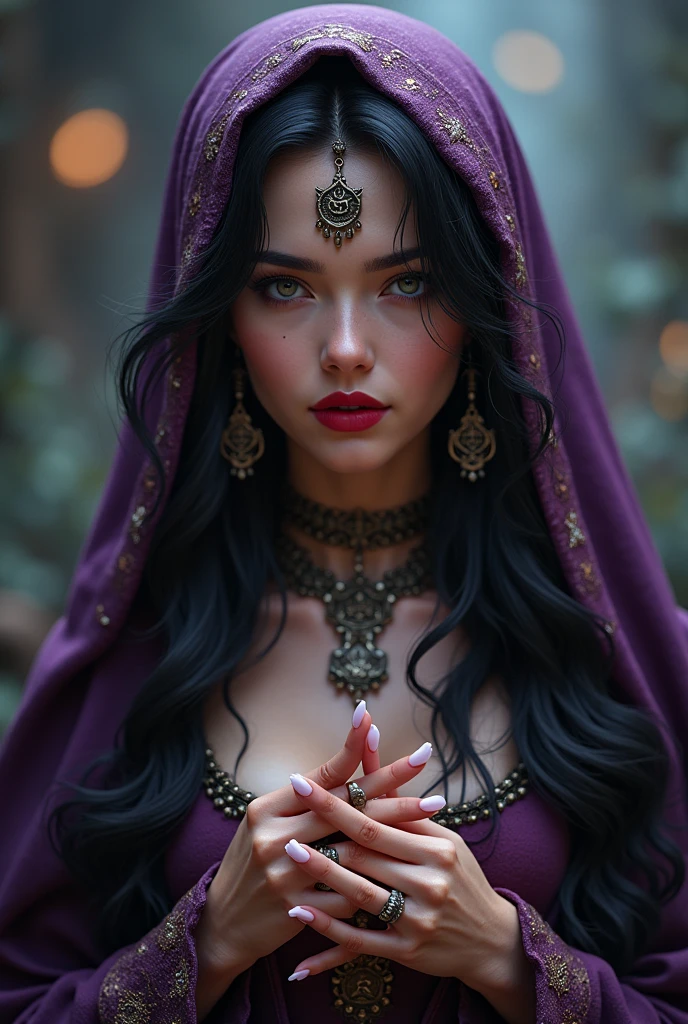 Girl,Black red hair,purple Queen,accessories,cross pendant, pentagram earrings, OM tattoo, beads in hand,hijab witch Queen,Red lipstick