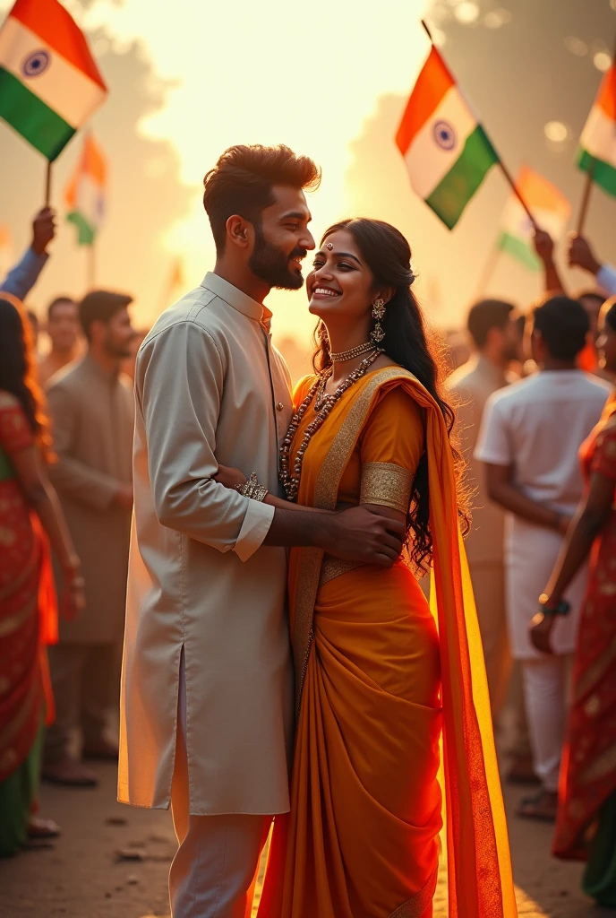 real young couple, Mabud and Sariya stand together, both 20 years old, joyfully celebrate Indian Independence Day. They are wearing indian outfits and Mabud name is written on boy's outfit and Sariya written on girl's outfit. Above them, in the sky, the words "Happy Independence Day" are displayed in a bold font. The backdrop is filled with people celebrating, enhancing the festive and patriotic spirit of the day.make sure text should be correct.