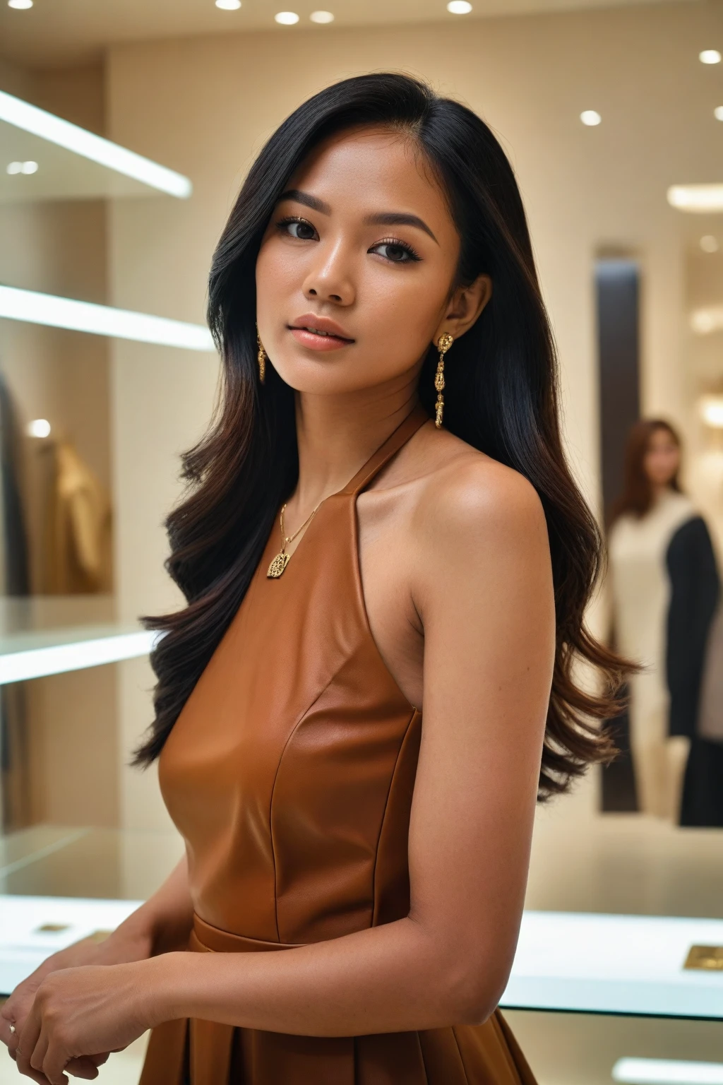 (perfect face), (perfect eyes), (detailed skin), (realistic portrait), (middle scene), (half-body), beautiful Indonesian woman, sophisticated appearance, side view, dressed in a stylish custom-made dress, half-body shot, browsing inside a luxury store, flowing hair with subtle Indonesian influences, glass display cases showcasing designer watches and accessories with visible brand logos, other customers engaged in shopping, golden accents, luxurious leather goods in the background, hands relaxed, poised and graceful, wearing minimal yet elegant jewelry, detailxl