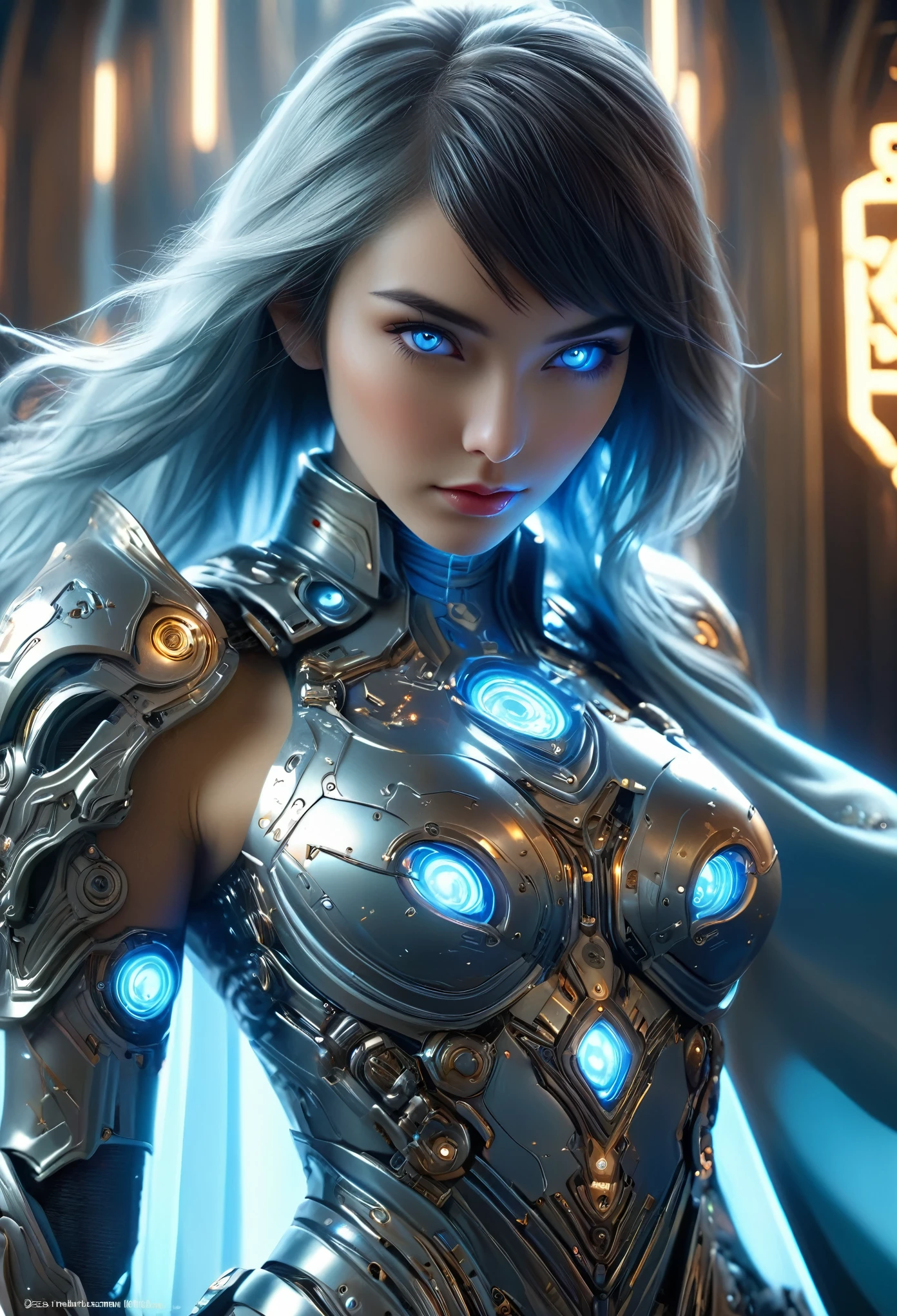 (Best Quality, 4K, 8K, High Resolution, Masterpiece: 1.2), (Super Detailed, Realistic, Photorealistic:1.37), A woman in futuristic clothing, (erotic and sexy:1.4), Trending on cgstation, Trending on cgstation, (Portrait of a girl in the Knights of the Zodiac:1.4), (blunt bangs:1.7), Cute Cyborg Girl, Perfect android girl, Portrait Astronaut Girl, Beautiful girl cyborg, Girl wearing pale blue mechanical cyber armor, Game CG, cgsociety and fenghua zhong, Beautiful Cyborg Shrine Maiden, Bioluminescence, (Gal Gadot:0.6), Anatomically correct grip, Anatomically correct four fingers and one thumb, (long claws:1.4), erotic and sexy, A gorgeous cape with beautifully detailed embroidery, energy ball