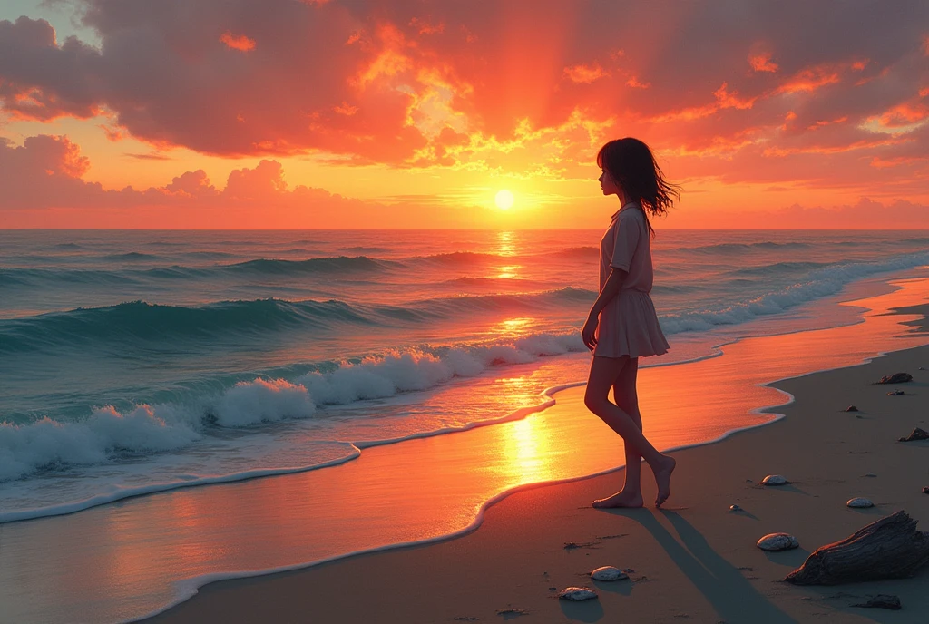 Filled with the sunset、One Girl、Walking on the beach and looking at the sea