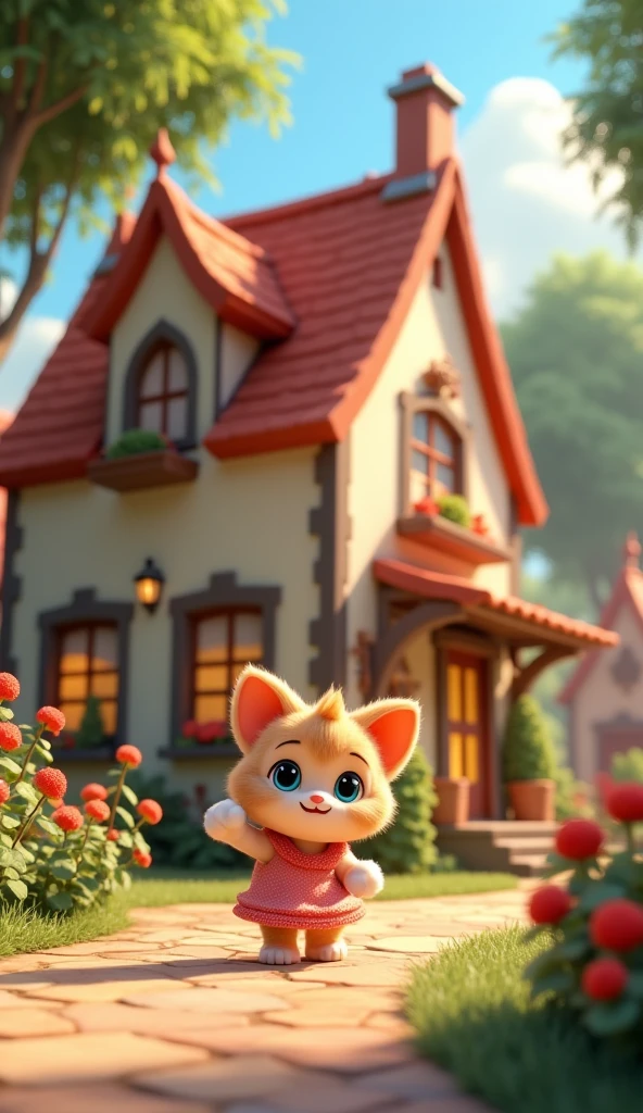 In cinematic 3d cartoon characters,"In a lovely house in a small village, there lived a lovely kitten named Minnie. Everyone liked her innocence and playfulness."