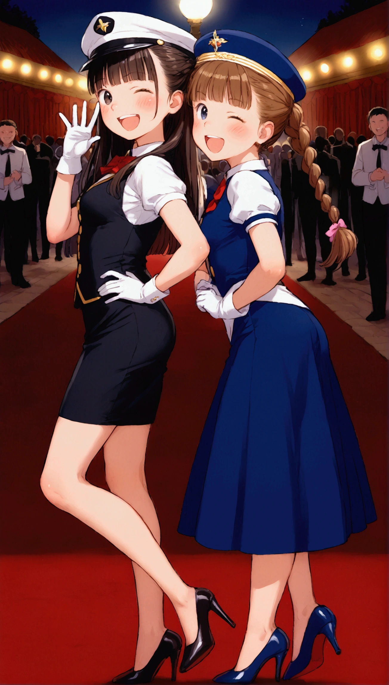 {Highest quality}, {Super beautiful},{Ultra fine},{Best illustration},Brown Hair,Hime cut,Braid,long hair,ponytail,Two Women,Standing Woman,Strike a pose,Adult women,smile,Excited face,Double teeth,Wink,Uniform cap,White shirt,Short sleeve,Black long skirt,White gloves,Black stiletto heels,Night Park,crowd,Blushing,Slender,From the side,Spread your legs,Put one hand on your hip
