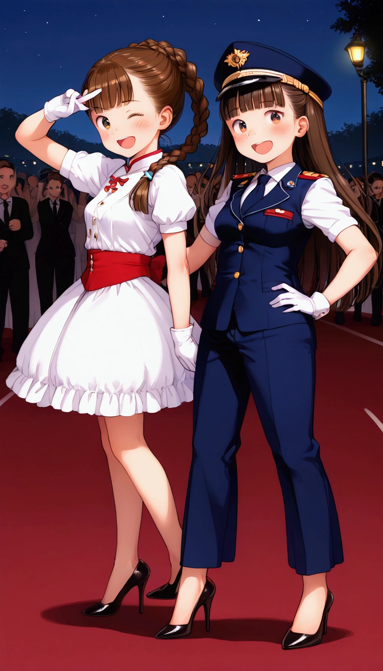 {Highest quality}, {Super beautiful},{Ultra fine},{Best illustration},Brown Hair,Hime cut,Braid,long hair,ponytail,Two Women,Standing Woman,Strike a pose,Adult women,smile,Excited face,Double teeth,Wink,Uniform cap,White shirt,Short sleeve,Black long skirt,White gloves,Black stiletto heels,Night Park,crowd,Blushing,Slender,From the side,Spread your legs,Put one hand on your hip