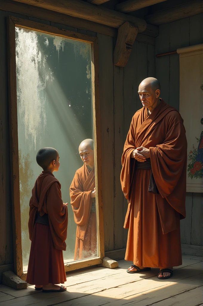 Young monk student looking at smeared mirror with his fat monk master in a room