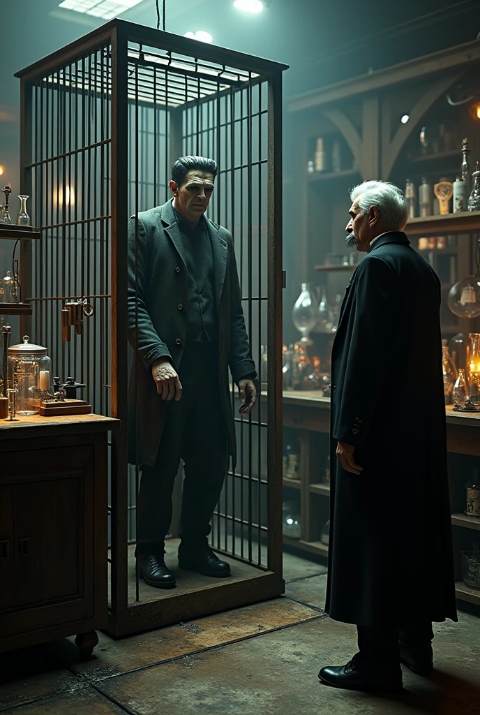 Make an image of Frankenstein with ripped clothes and strong,in a cage ,Nikola Tesla with a black mustache is outside. , Michael Faraday com o cabelo branco,Nikola Tesla asks where Galvani is ,place in a laboratory setting