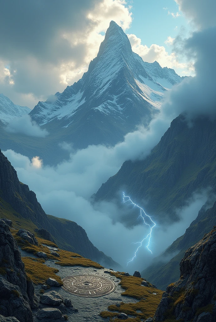 Showing the vast mountain peak，Surrounded by clouds，Howling mountain wind。
The ground on the mountaintop is uneven，Covered with ancient runes and traces of lightning。
