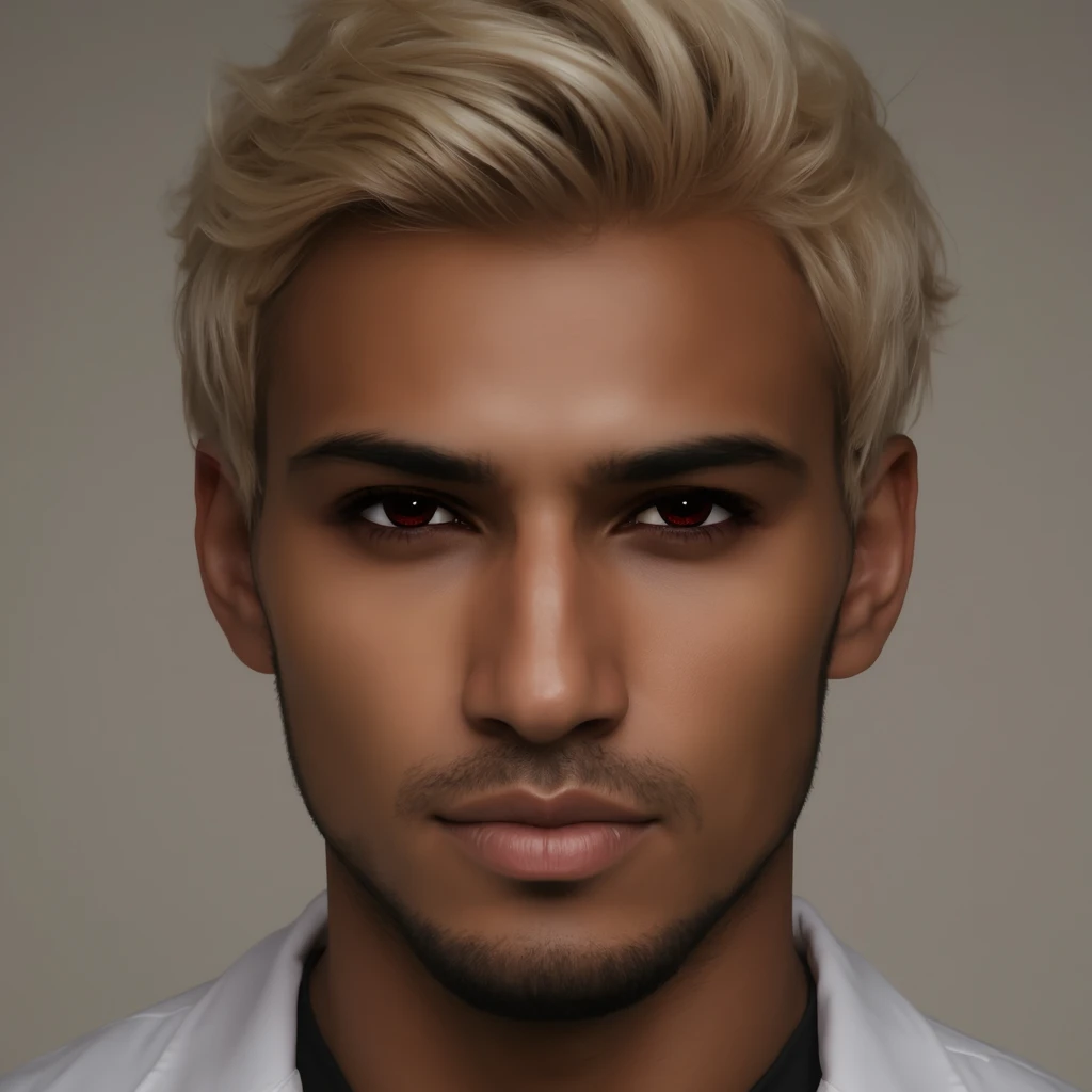 Photorealistic headshot photograph of a 33 year old attractive Arabic Egyptian man, real skin texture, red eyes, platinum blond swept back wavy short hair, long black stubble white lab coat with black t-shirt underneath, photorealistic, cinematic