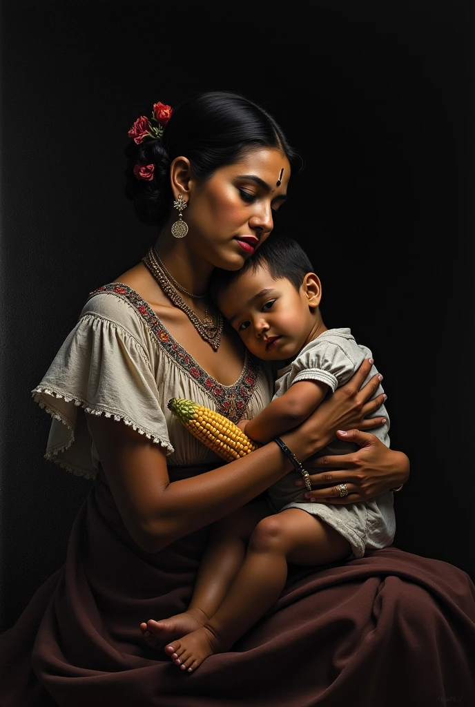 masterpiece, realist, high contrast, Abraham Bloemaert painting style, indigenous mexican woman,light, with Mexican embroidered shawl, breastfeeding her baby, and held a corn cob,shocking look,great handling of light and dark, warm light, old painting style, Angel of Caceres, photography by uma damle, style photo by uman damle, Caravaggio, visual impact, Baroque, great contrast, illuminated faces, 