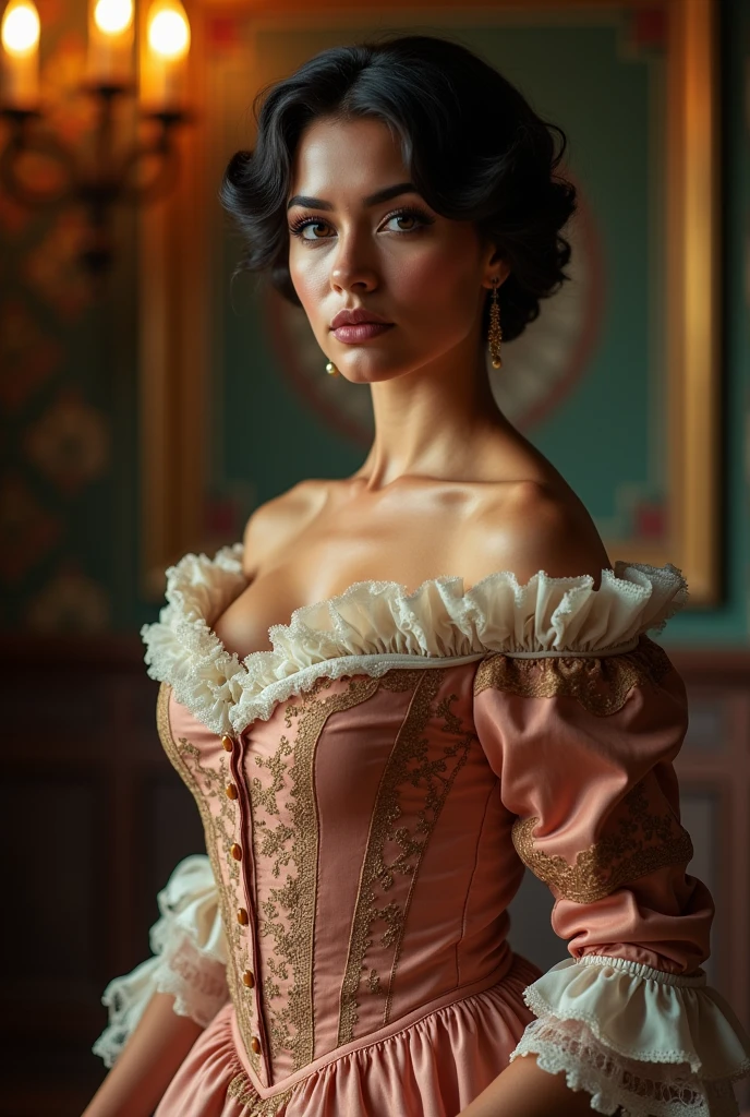 Beautiful latina woman perfect body short brunette hair, dressed in elegant victorian era 19th century American colorful conservative formal studio lighting, beautiful indoor background