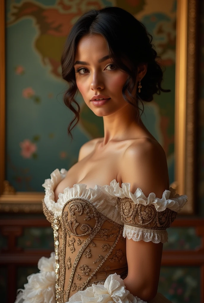 Beautiful latina woman perfect body short brunette hair, dressed in elegant victorian era 19th century American colorful conservative formal studio lighting, beautiful indoor background