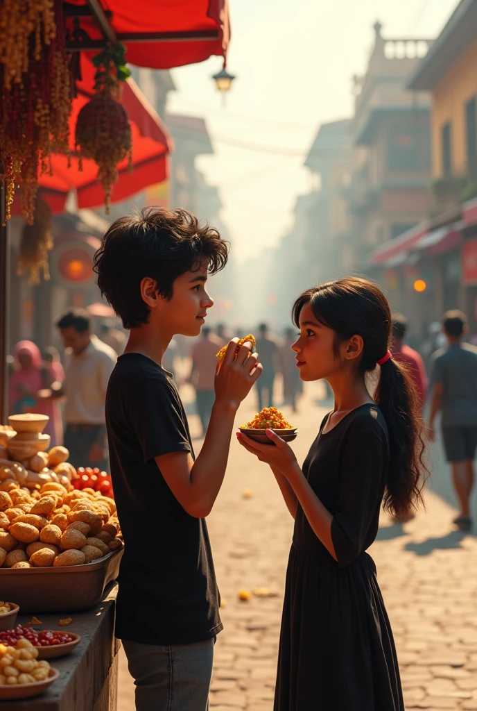 Generate a picture of a boy (as tom Holland) wearing black tshirt and a girl (as Zendaya) wearing black kurti on Indian Street eating Pani Puri on a stall and a wide road in front of them