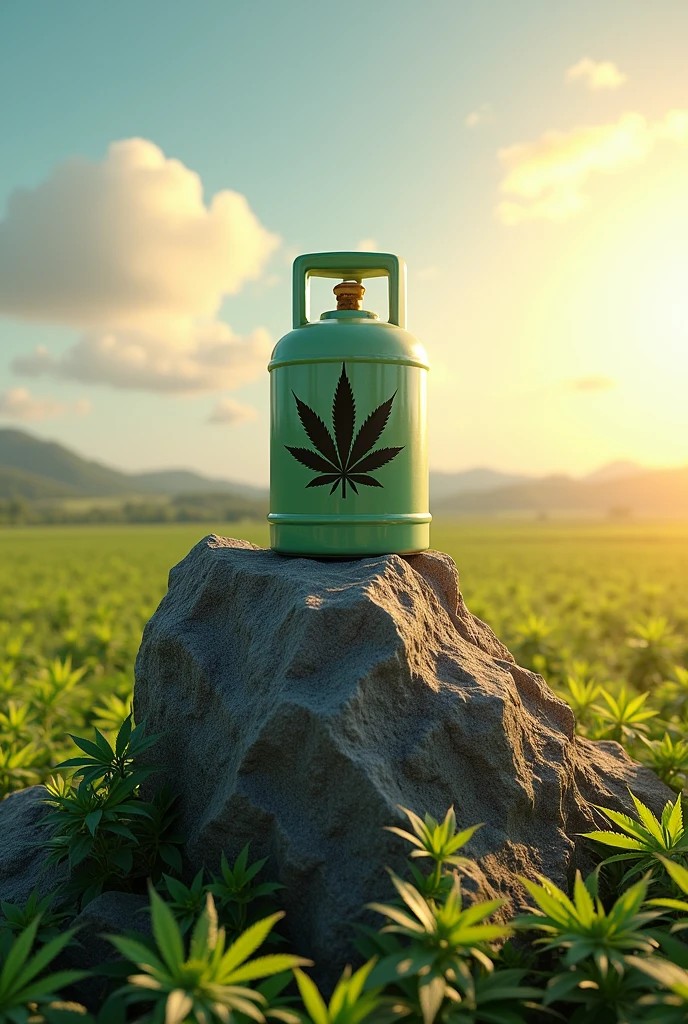 A gas bottle with a cannabis leaf drawn on it on the top of a huge rock with a multi-colored hamp field and a wonderful sunshine
