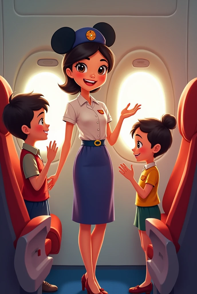 Disney flight attendant one girl and 2 boys with mabuhay gestures