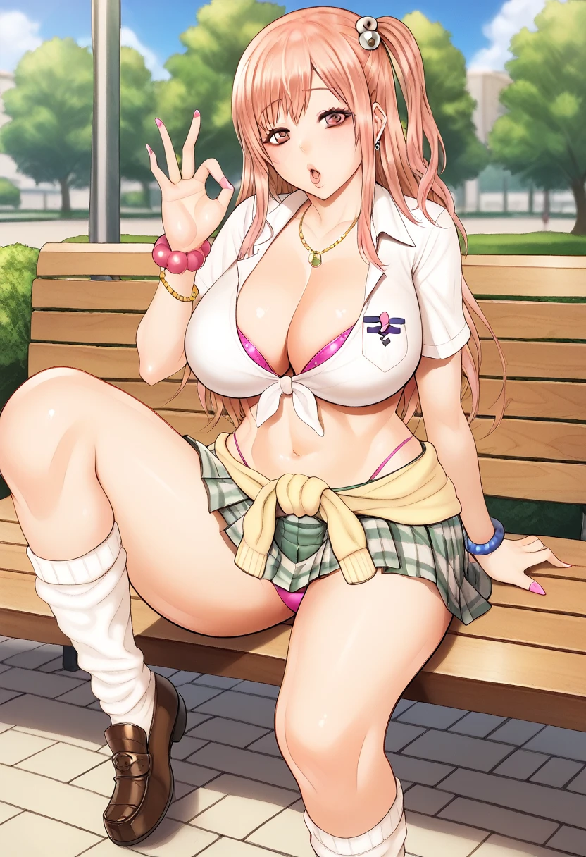 Score_9, score_8_up, score_7_up, score_6_up, source_anime, (honoka\(DOA\)), gyaru, slutty_clothes, sitting on bench, (knee up), cowboy shot, fellatio gesture, heart, 1girl, solo, looking at viewer, blush, parted lips, gyaru, front-tie top, pleated skirt, green skirt, white leg warmers, loose socks, loafers, clothes around waist, bracelet, curvy, voluptuous, large breasts, cleavage, midriff, outdoors, park, on bench, day, tree,