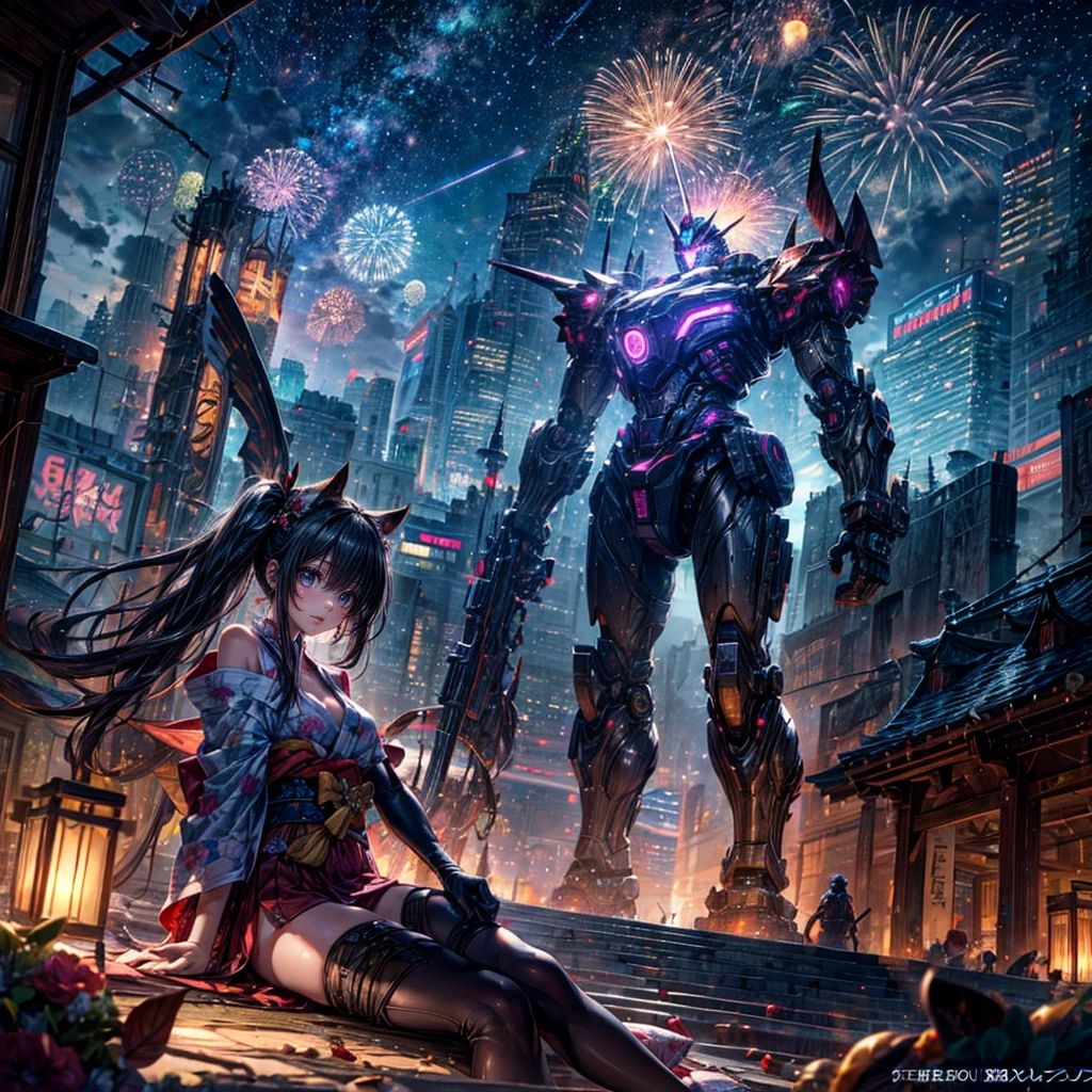 High resolution, Winner of numerous awards, Ultra high definition, Textured skin, retina,
masterpiece,(bestquality),highlydetailed,ultra-detailed,1girl, (A composition where a girl is sitting on the shoulder of a giant roboT or in the palm of a giant roboT’s hand.:1.4)(roboT)(fantasylandscape:1.2,natural lighting:1.5,confidentexpression),(panorama:1.2),mecha, smile,angle、chrome,raw(A beautiful girl in a yukata with blonde twin tails:1.5)Fireworks go off🎇、(Fireworks lighting)(Starry Sky)(Summer festival venue in the distance)(Girls in yukata)