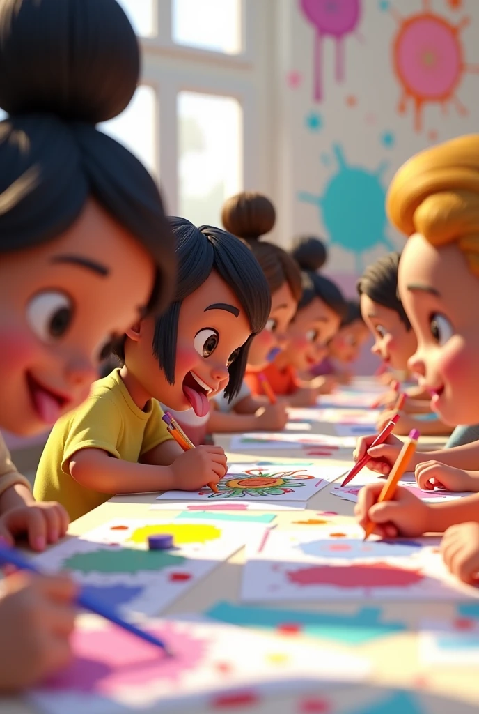 make a 3D cartoon illustration of several people in a coloring competition