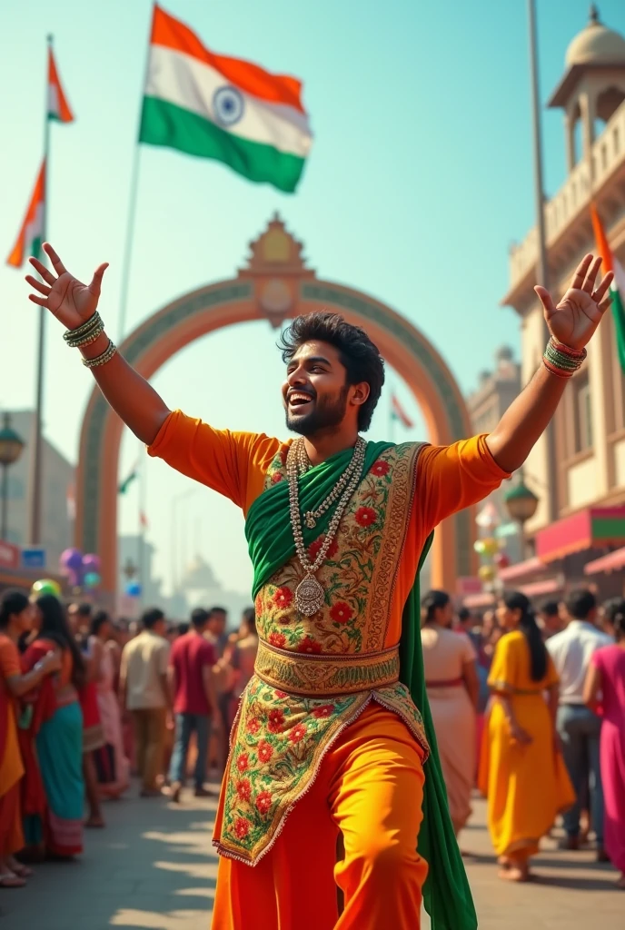 15 Aug Independence Day Promps* 1. A real 20-year-old boy joyfully celebrates Indian Independence Day. He is wearing traditional Indian outfits with the name "Manish" written on his attire. Above him, in the sky, the words "Happy Independence Day" are displayed in a bold font. The backdrop is filled with people celebrating, enhancing the festive and patriotic spirit of the day.

2. In a bustling town square, 18-year-old Vikram salutes the Indian flag as it's being hoisted. He's wearing a saffron t-shirt with "Manish" embroidered in green on the sleeve. Around him, a diverse group of children wave small flags. A decorative arch in the background says "Happy Independence Day". 4K image