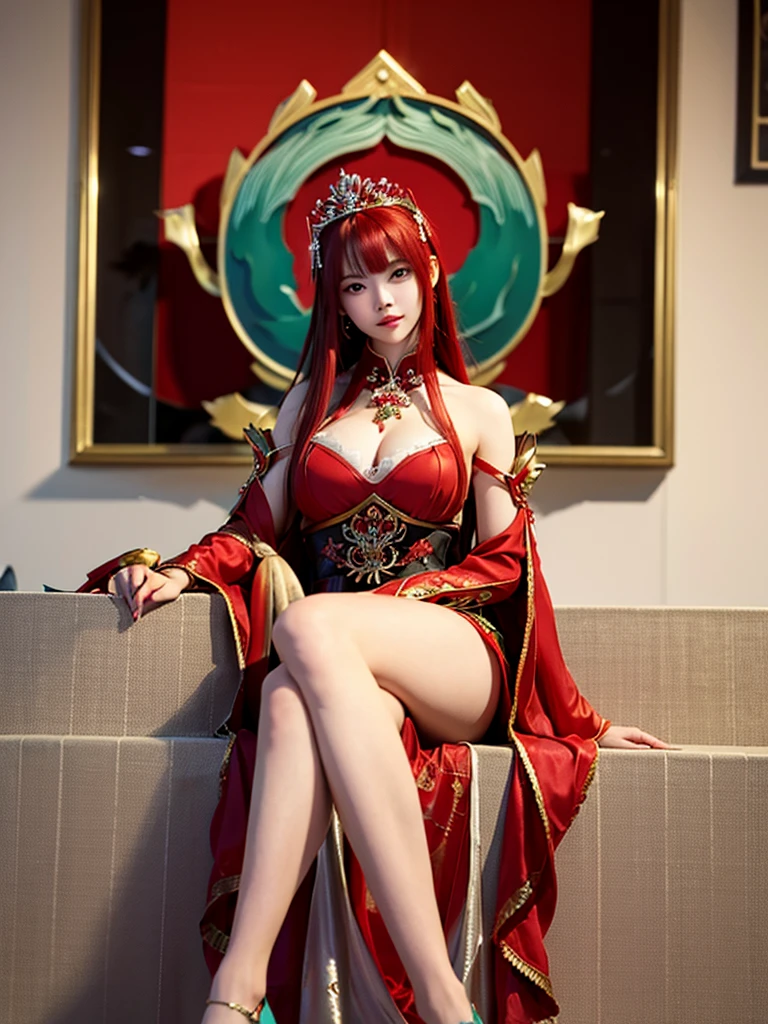 Young woman in red dress sitting at a table with a vase of flowers, Beautiful Fantasy Empress, Red-haired queen in heavy red armor, Red-haired goddess, ((Beautiful Fantasy Empress)), Trending on cgstation, Beautiful, charming anime women, anime goddess, Ruean Jia and Art Germ, Woman in Red Armor, Beautiful Tang Dynasty Performance