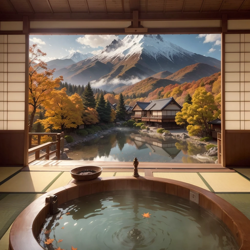 A japanese hot spring resort with mountain view in distance and leaves falling into air, hot spring, Shimizu, wallpaper, Printable,bamboo forest,Bath,