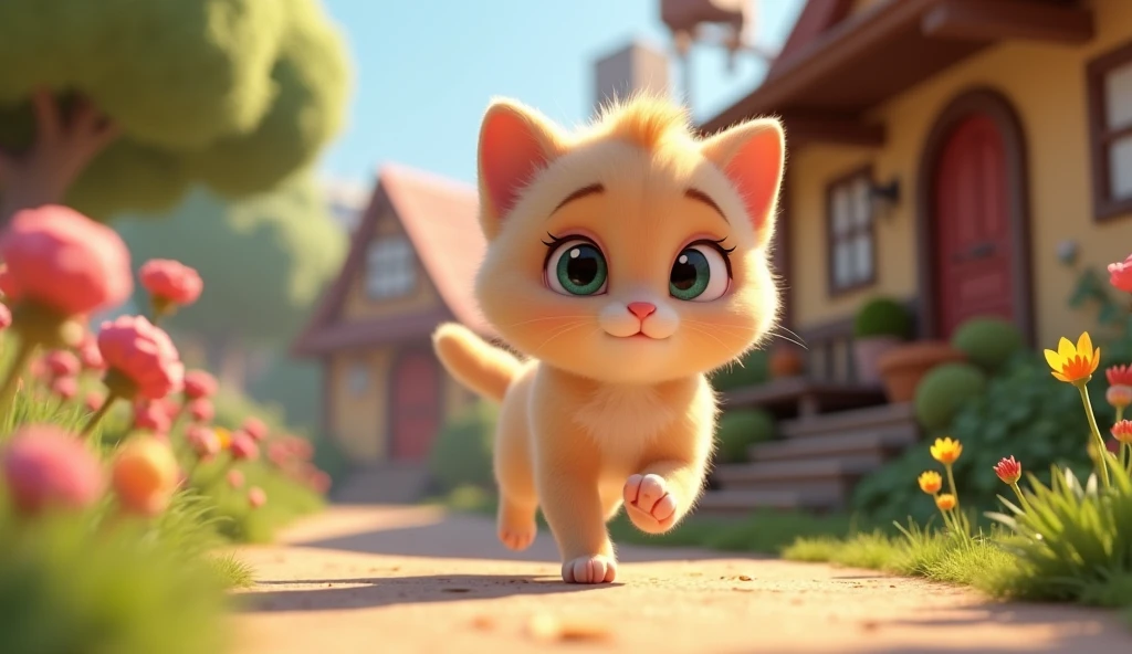 In cinematic 3d cartoon characters,"In a lovely house in a small village, there lived a lovely kitten named Minnie. Everyone liked her innocence and playfulness."