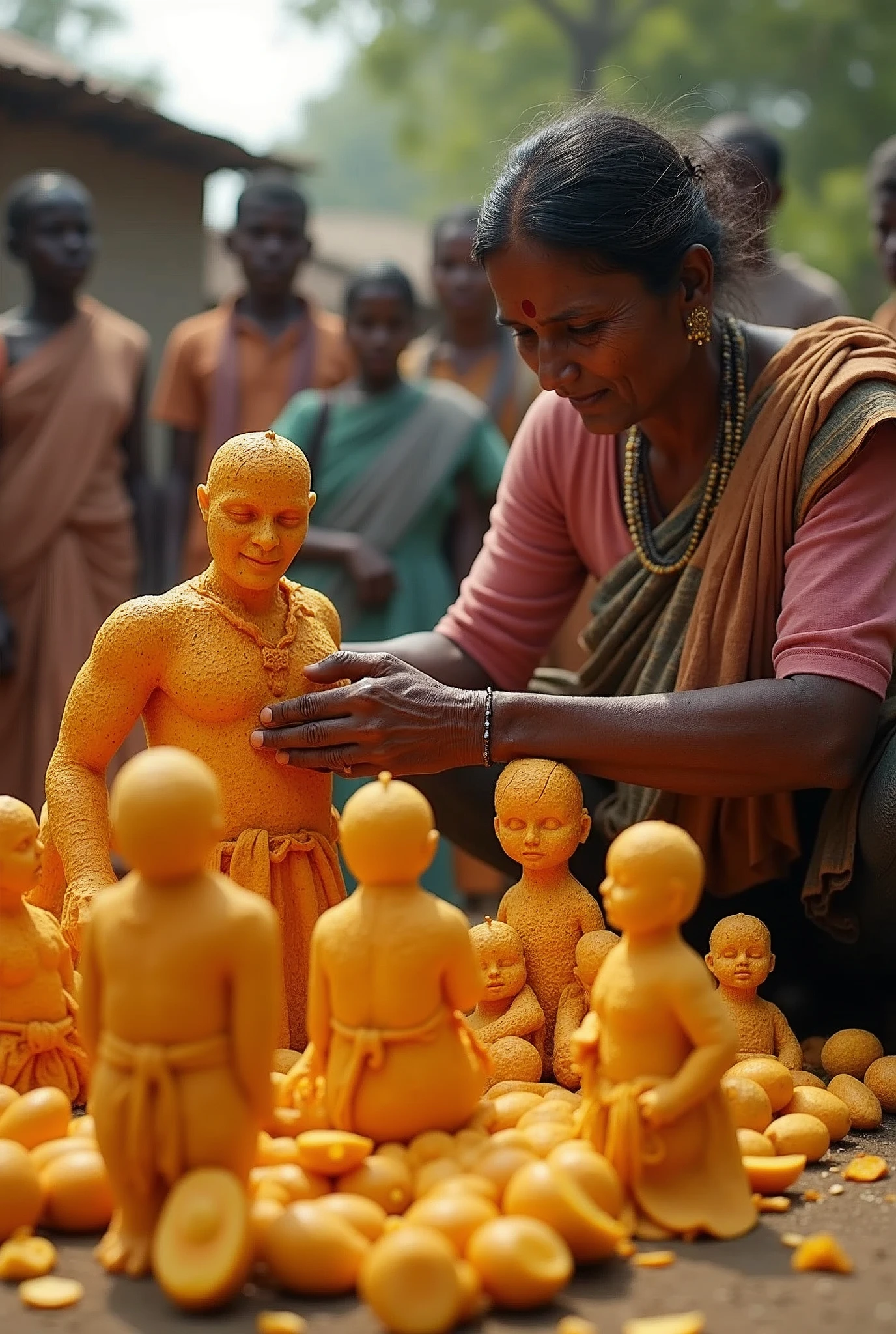 A Indian poor woman is making a big cow of mango people are watching 