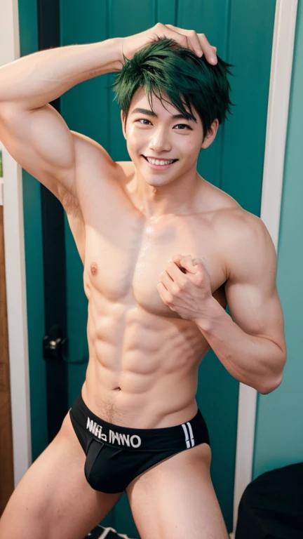 Japanese men、、Well-developed muscles and smooth skin、Fluffy, voluminous green hair、Boxer briefs、You can see the whole body from head to toe、Smiling softly、Hero Academy