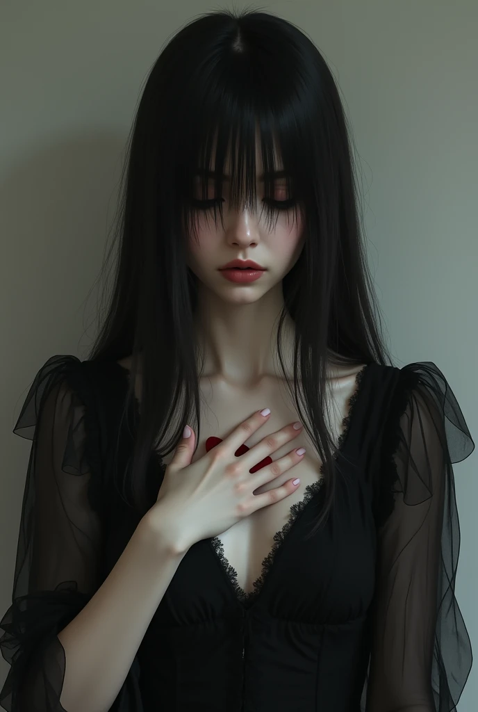 A white woman, gothic , with a low-cut neckline and her hand on her heart, She misses a love, her face is covered by her hair that falls over her face, straight and tied hair, She wears a black dress