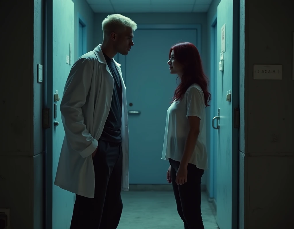 216 cm tall, 33-year-old man with short crew cut platinum blond wavy swept-back hair, dark skin, Arabic-Egyptian features, wearing a white lab coat over a black t-shirt and black cargo pants, standing in an open doorway of a secret facility. He is looking down at a much shorter 24-year-old woman who only comes up to his shoulder, with vibrant maroon side-parted medium-length wavy hair, very pale skin, wearing a white flowy top and low-rise black pants, standing outside the facility near the doorway. Hip-shot, dark lighting, nighttime, photorealistic, cinematic.
